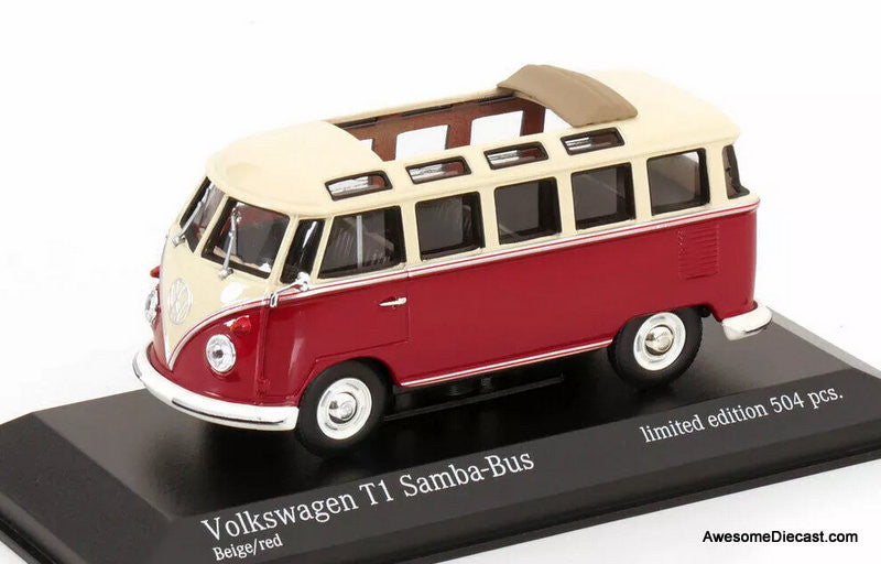 1963 Volkswagen T1 Samba Bus, Beige/Red 1:43 Diecast Model Car by