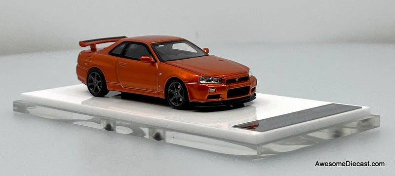 日産　スカイライン　GT-R　BNR34 ミニカー GTR　オレンジ Nissan Skyline GT-R R34 V-Spec II Customized, Metallic Orange 1:64