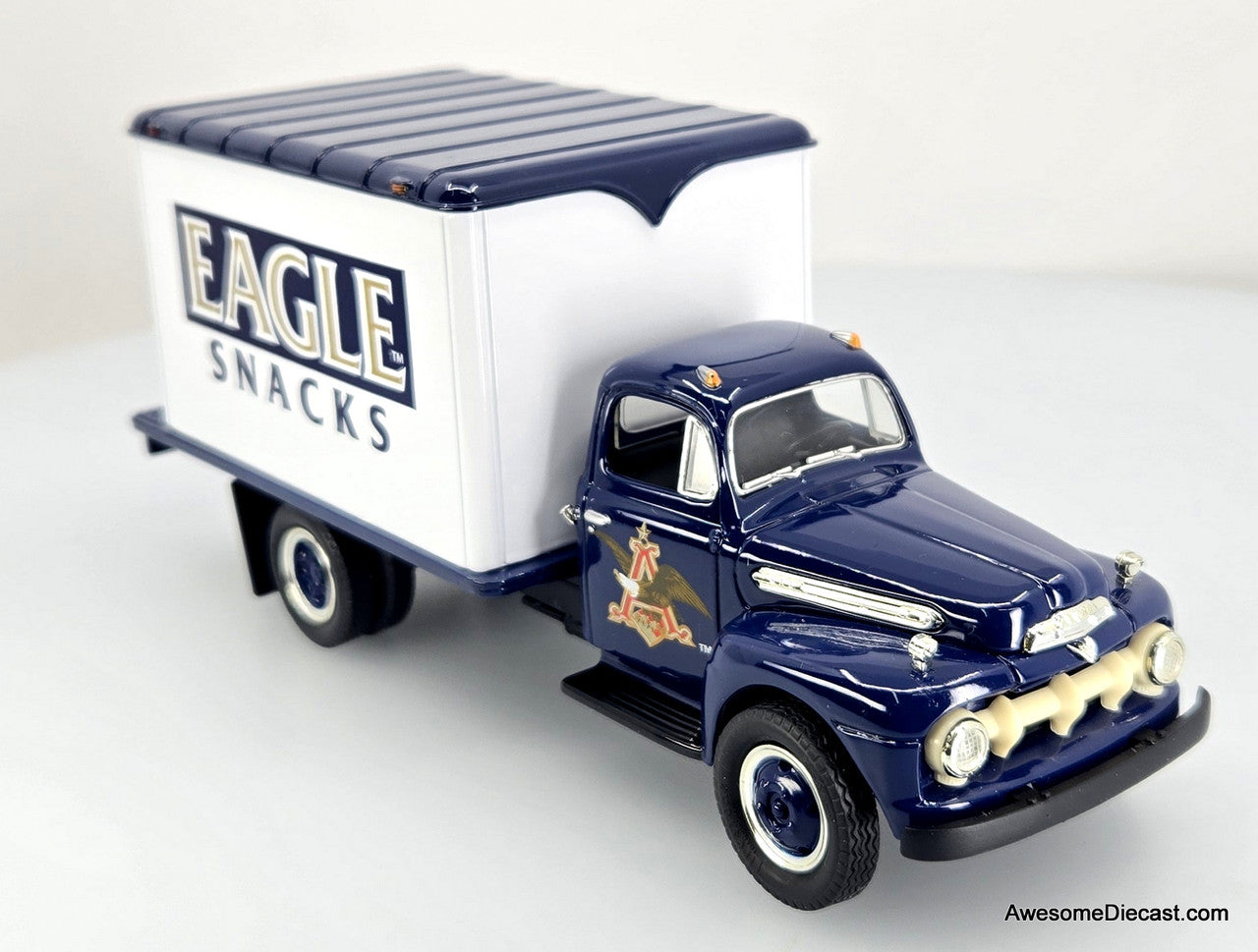 First Gear 1952 1:34 Ford F-6 Dry Goods Van Eagle Snacks, Blue/White