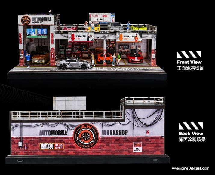 Automobile Double Layer Parking Workshop w/Lighting 1:64 Diorama by Shou Cang