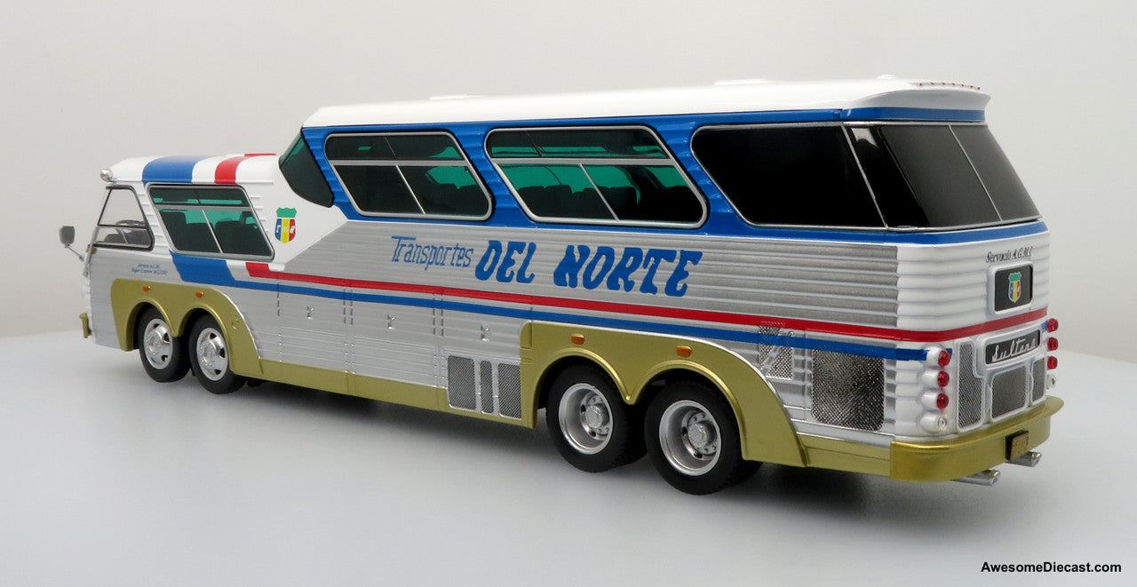 Sultana TM 44-18 SP Panoramico Coach - Transportes del Norte (Silver/Blue/Red) 1:43 Diecast Bus by Iconic Replicas