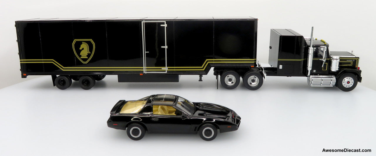 1980 GMC General Tractor w/ Trailer & 1982 Pontiac Firebird Trans Am: Knight Set 1:43 Diecast/ABS Plastic Model Truck & Car by Iconic Replicas