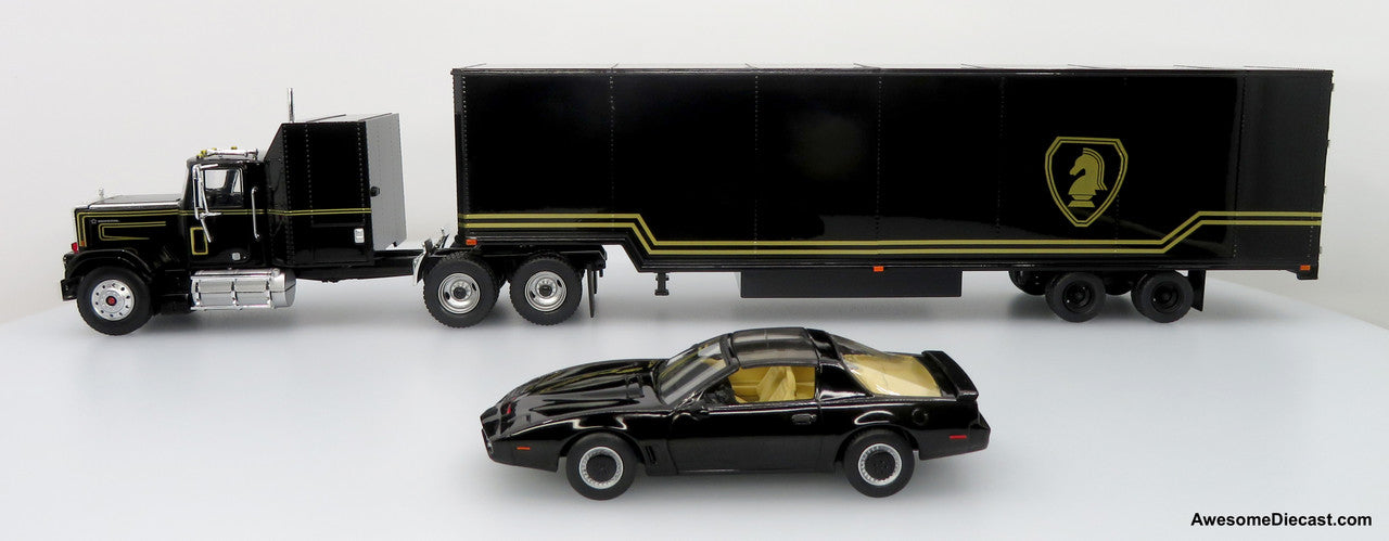 1980 GMC General Tractor w/ Trailer & 1982 Pontiac Firebird Trans Am: Knight Set 1:43 Diecast/ABS Plastic Model Truck & Car by Iconic Replicas