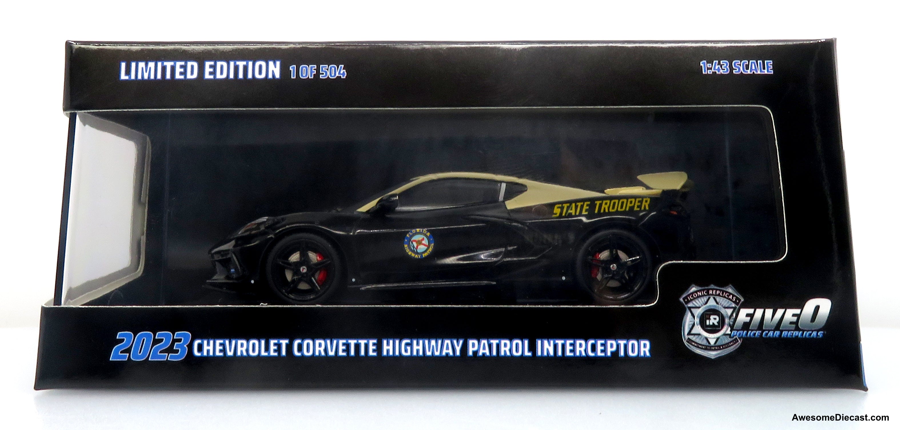 Chevrolet Corvette C8 Stingray Police Interceptor: Florida Highway Patrol (FHP) 1:43 Diecast Model Car by Iconic Replicas