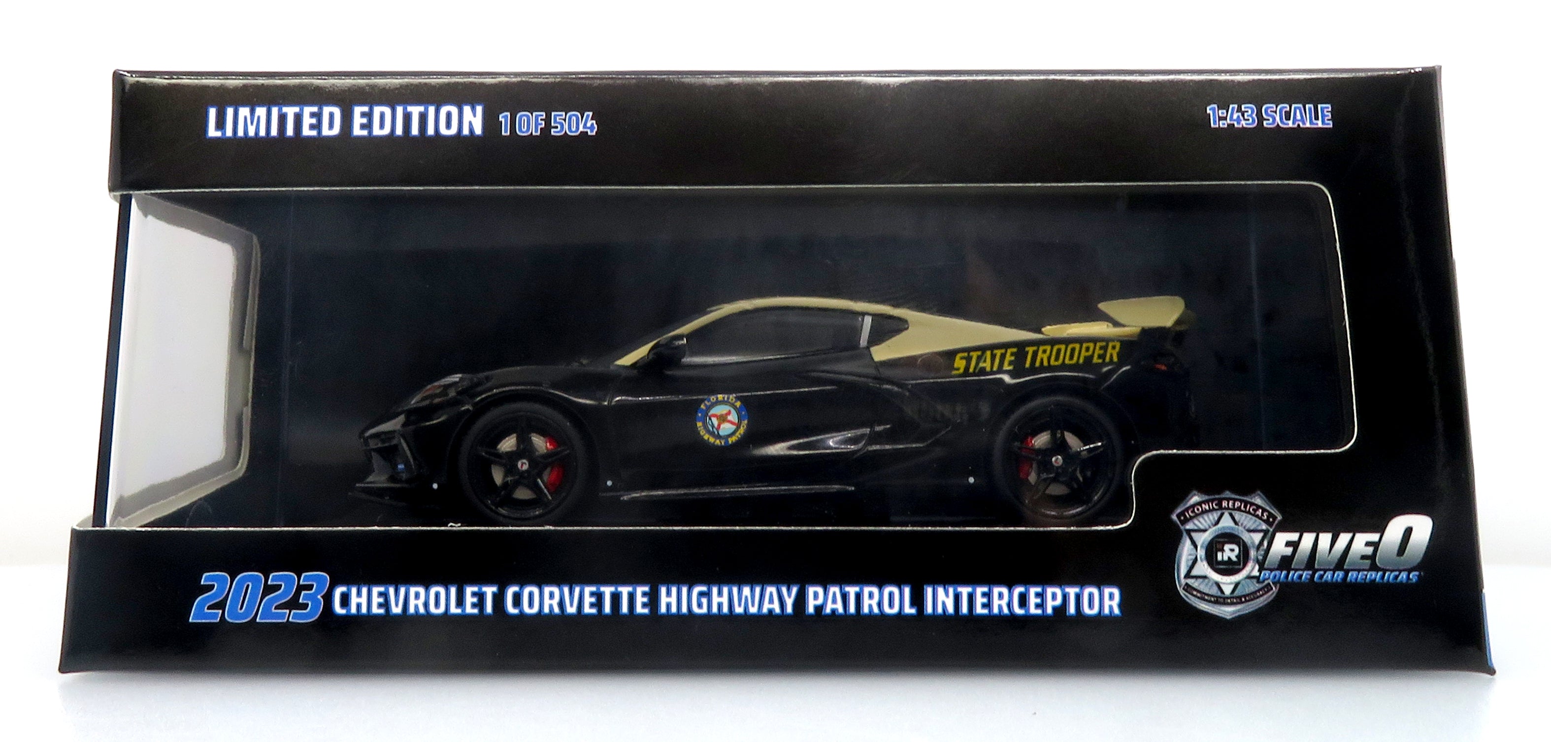 2023 Chevrolet Corvette C8 Stingray Police Interceptor w/Working Lights: Florida Highway Patrol (FHP) 1:43 Diecast Model Car by Iconic Replicas