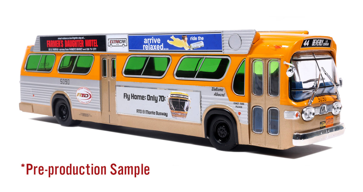 1963 GM TDH-5303 Transit Bus: Los Angeles Metro / Rapid Transit District (RTD) 1:43 ABS Plastic Bus Model by Iconic Replicas