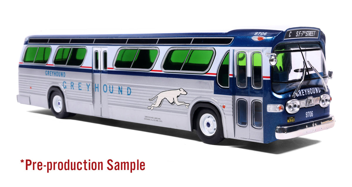 1963 GM TDH-5303 Transit Bus: Greyhound Bus Lines 1:43 ABS Plastic Bus Model by Iconic Replicas