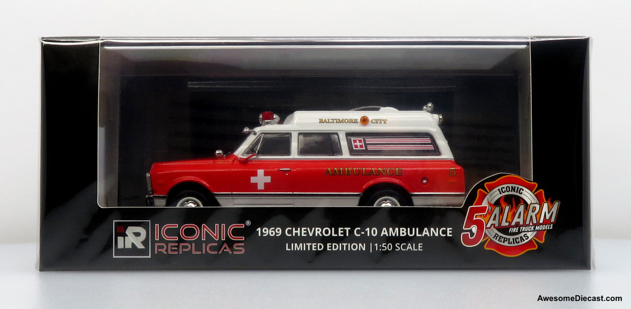 1969 Chevrolet C-10 Ambulance: Baltimore City Fire Department 1:50 Diecast Model Car by Iconic Replicas
