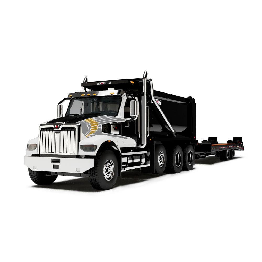 DCP by FG 1:64 Western Star 49X Ox Bodies Dump w/ Beaver Tail Trailer, White/Black
