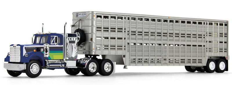 White Western Star 4900 w/ 36'' Vintage Sleeper & 45' Wilson Livestock Trailer 1:64 Diecast Truck Replica by DCP by First Gear