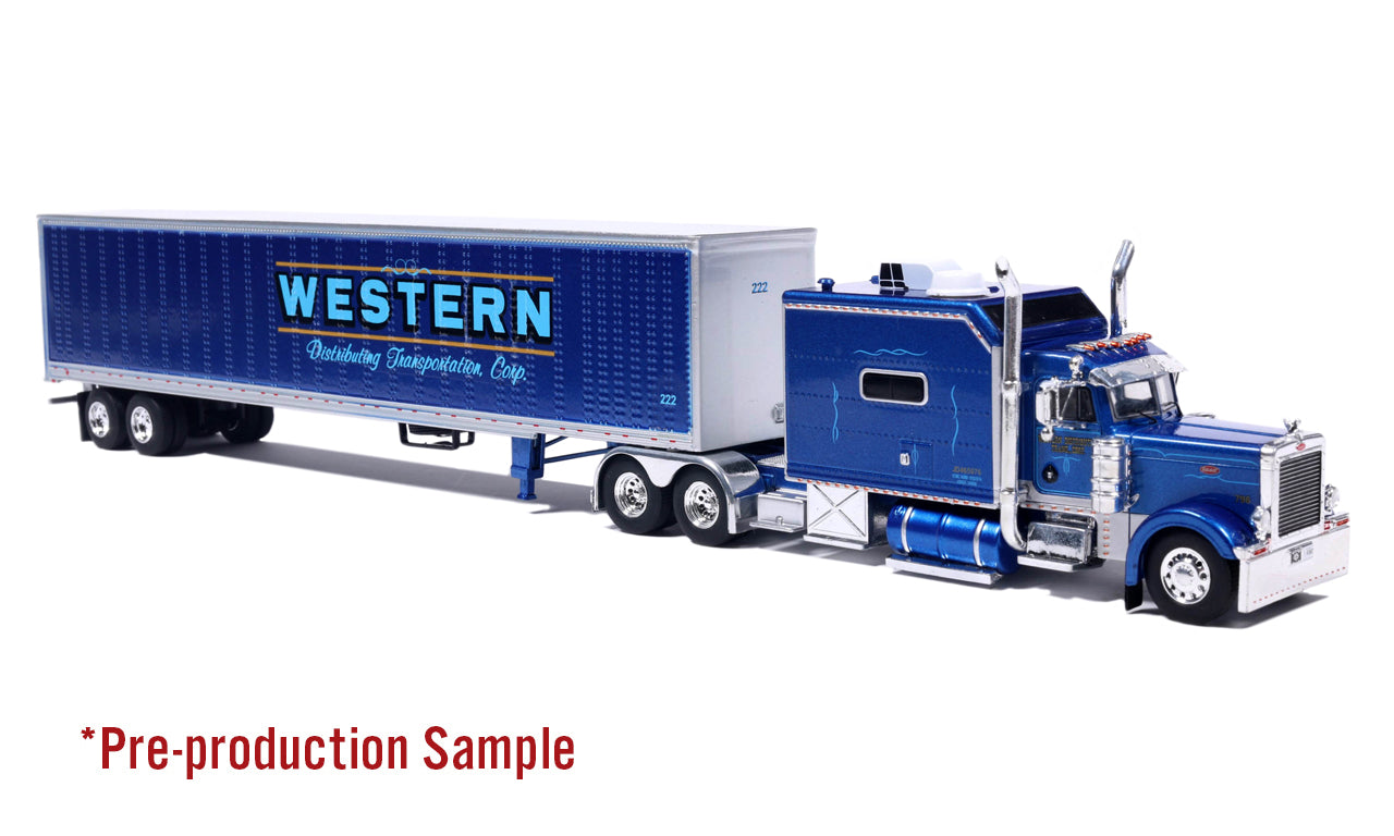 2002 Peterbilt 379 Tractor & Trailer: Western Distributing Transportation (Blue) 1:64 Diecast Model Truck — 18WLR Replica by Iconic Replicas