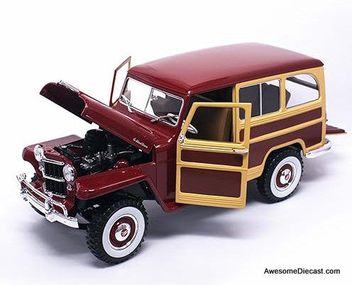 1955 Willys Jeep Station Wagon, Red/Burgundy 1:18 Diecast Model Car by Road Signature