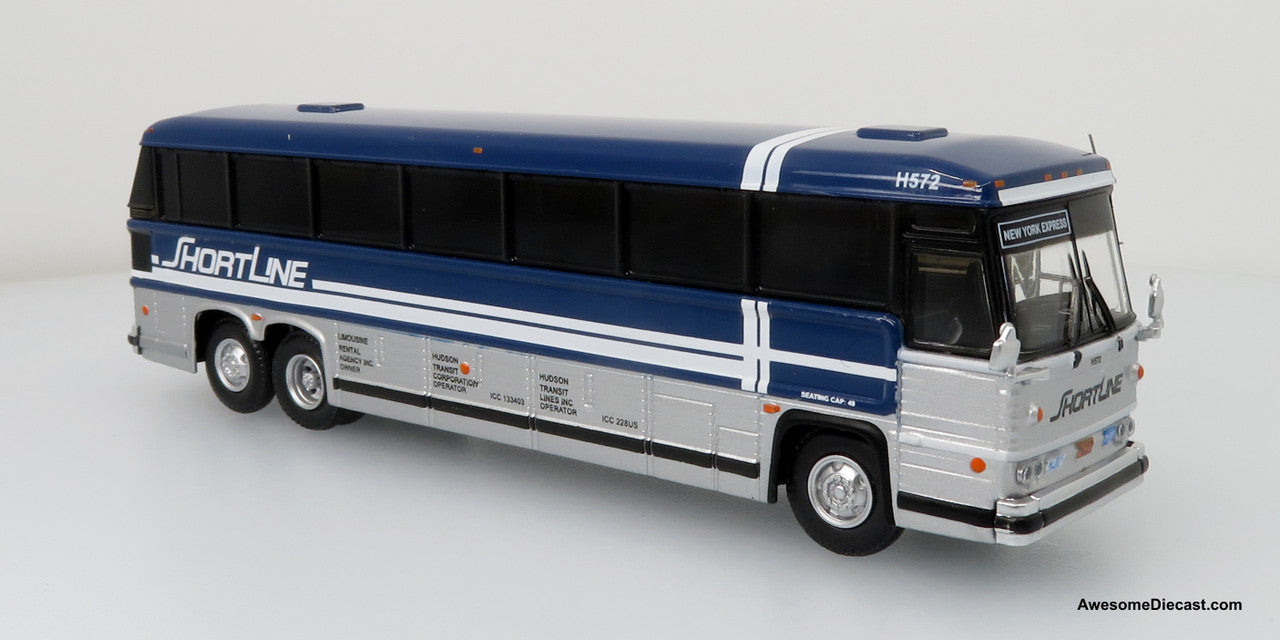 MCI MC-9 Crusader II Intercity Coach: Shortline (Blue/Silver) - New York Express 1:87 Diecast Bus by Iconic Replicas