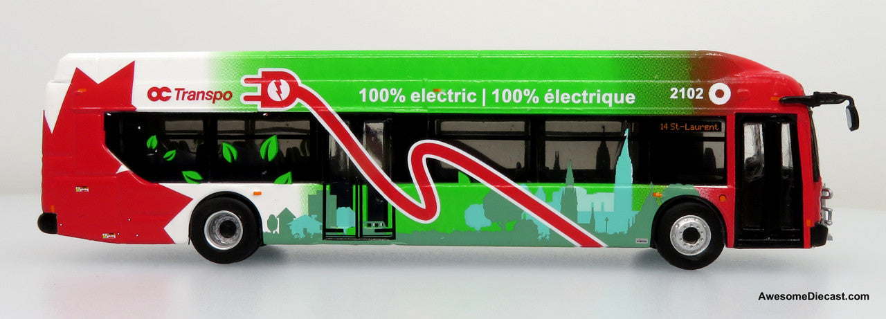 NFI Xcelsior Charge NG Transit Bus - Ottawa OC Transport (Red/Green/White) 1:87 Diecast Bus by Iconic Replicas
