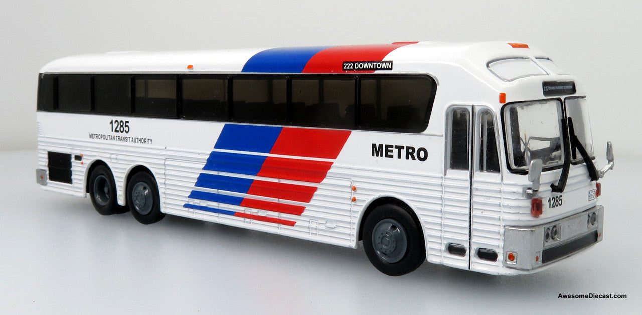 1984 Eagle Model 10 Coach - Houston Metropolitan (White/Red/Blue) 1:87 Diecast Bus, Route: 222 Grand Parkway Downtown by Iconic Replicas