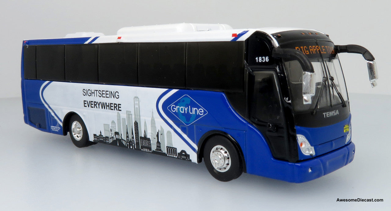 2018 TEMSA TS35E Coach - Gray Line NYC, Blue/White - Route: Big Apple Tour - 1:87 (HO) Diecast Bus by Iconic Replicas