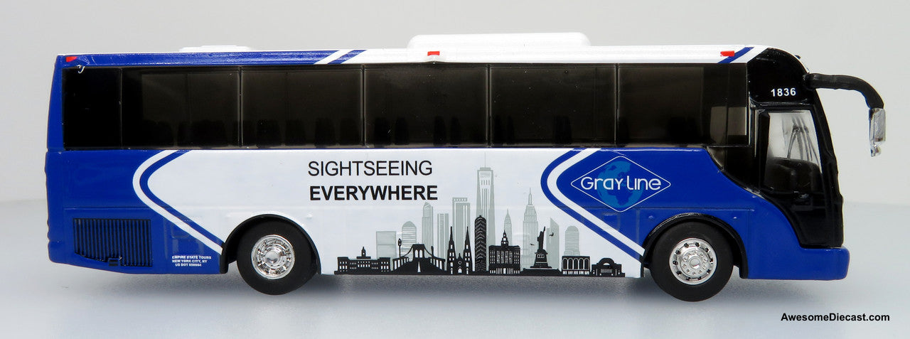 2018 TEMSA TS35E Coach - Gray Line NYC, Blue/White - Route: Big Apple Tour - 1:87 (HO) Diecast Bus by Iconic Replicas