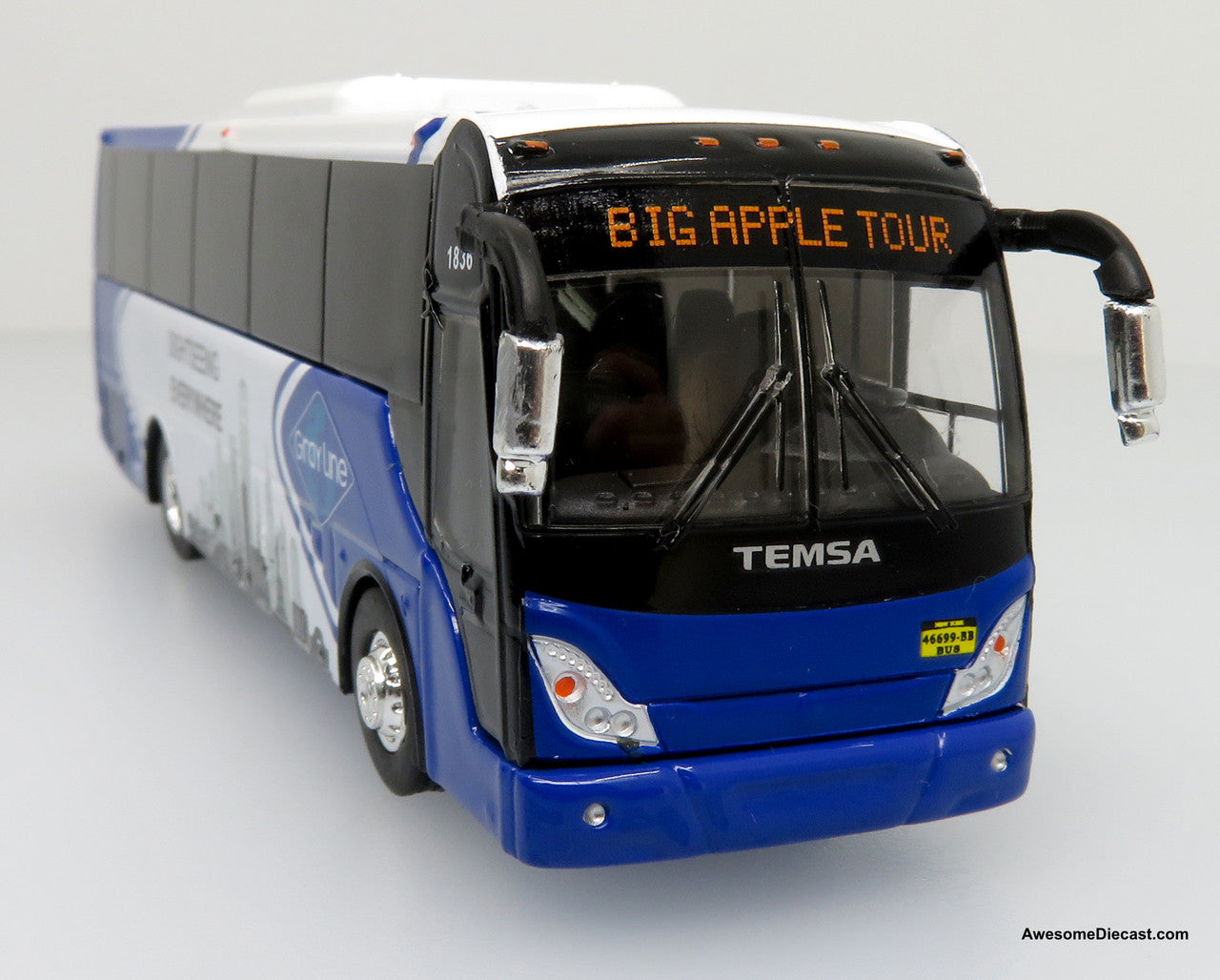 2018 TEMSA TS35E Coach - Gray Line NYC, Blue/White - Route: Big Apple Tour - 1:87 (HO) Diecast Bus by Iconic Replicas