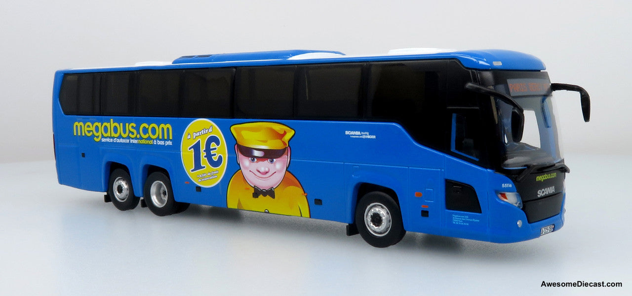 2010s Scania Touring HD Coach - Megabus France (Blue/Yellow) 1:87 Diecast Bus by Iconic Replicas