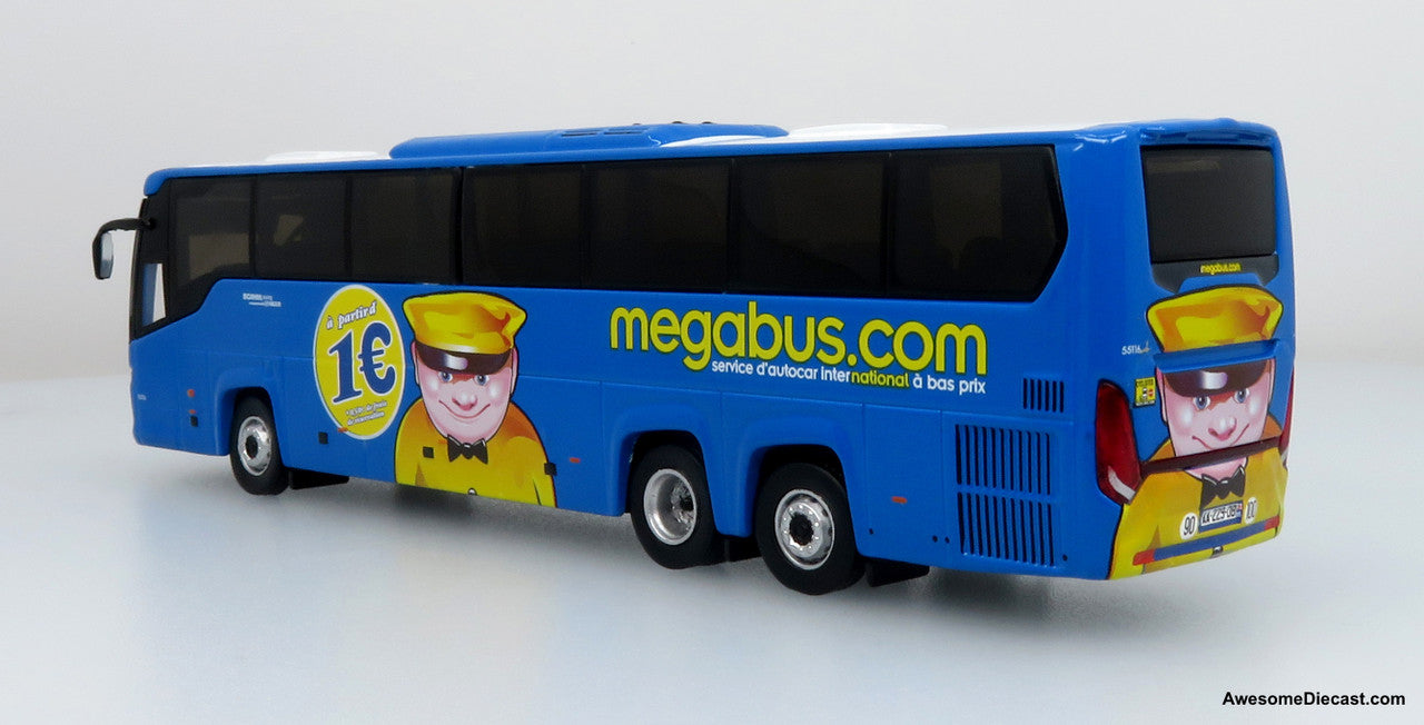 2010s Scania Touring HD Coach - Megabus France (Blue/Yellow) 1:87 Diecast Bus by Iconic Replicas