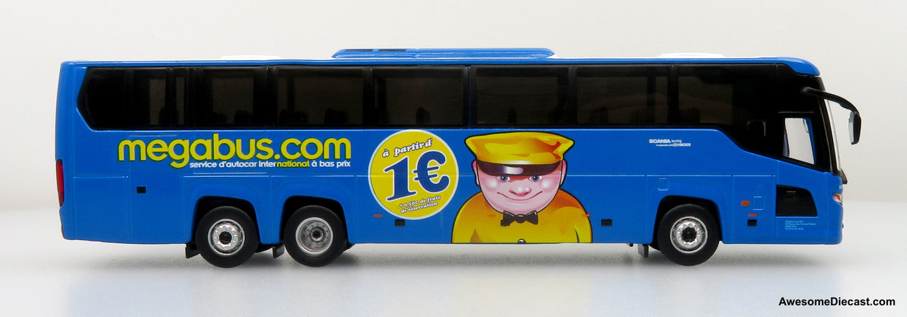 2010s Scania Touring HD Coach - Megabus France (Blue/Yellow) 1:87 Diecast Bus by Iconic Replicas