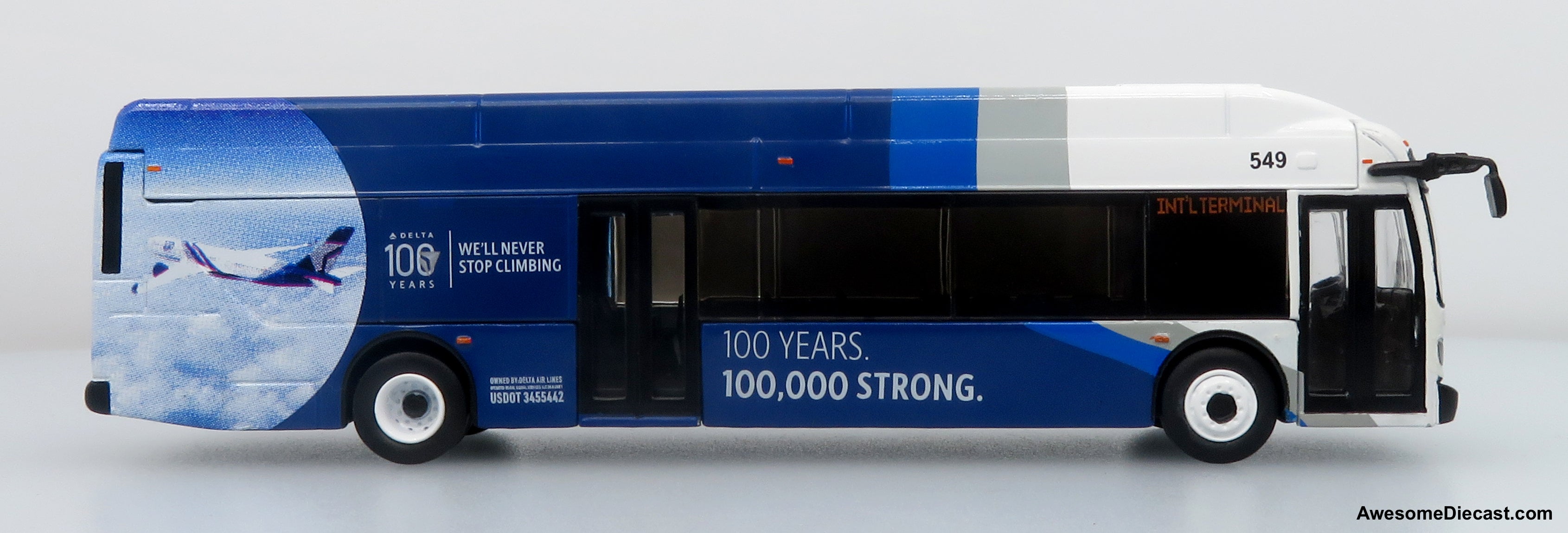 NFI Xcelsior XN40 Airport Crew Transit Bus: Delta 100th Anniversary 1:87 (HO) Diecast Model Bus by Iconic Replicas