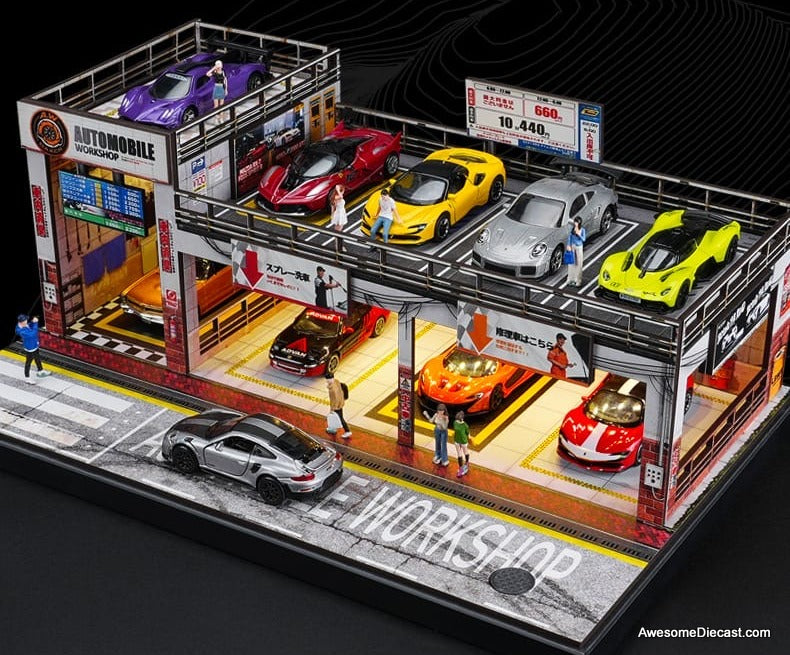 Automobile Double Layer Parking Workshop w/Lighting 1:64 Diorama by Shou Cang