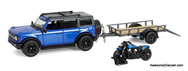 2021 Ford Bronco Black Diamond w/Utility Trailer & Motorcycle, Velocity Blue 1:64 Diecast Model Vehicle by Greenlight