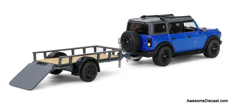 2021 Ford Bronco Black Diamond w/Utility Trailer & Motorcycle, Velocity Blue 1:64 Diecast Model Vehicle by Greenlight