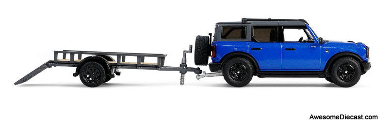 2021 Ford Bronco Black Diamond w/Utility Trailer & Motorcycle, Velocity Blue 1:64 Diecast Model Vehicle by Greenlight