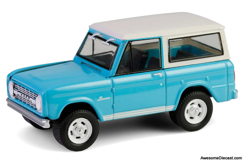 1966 Ford Bronco Custom SUV, Turquoise Blue 1:64 Diecast Model Car by Greenlight