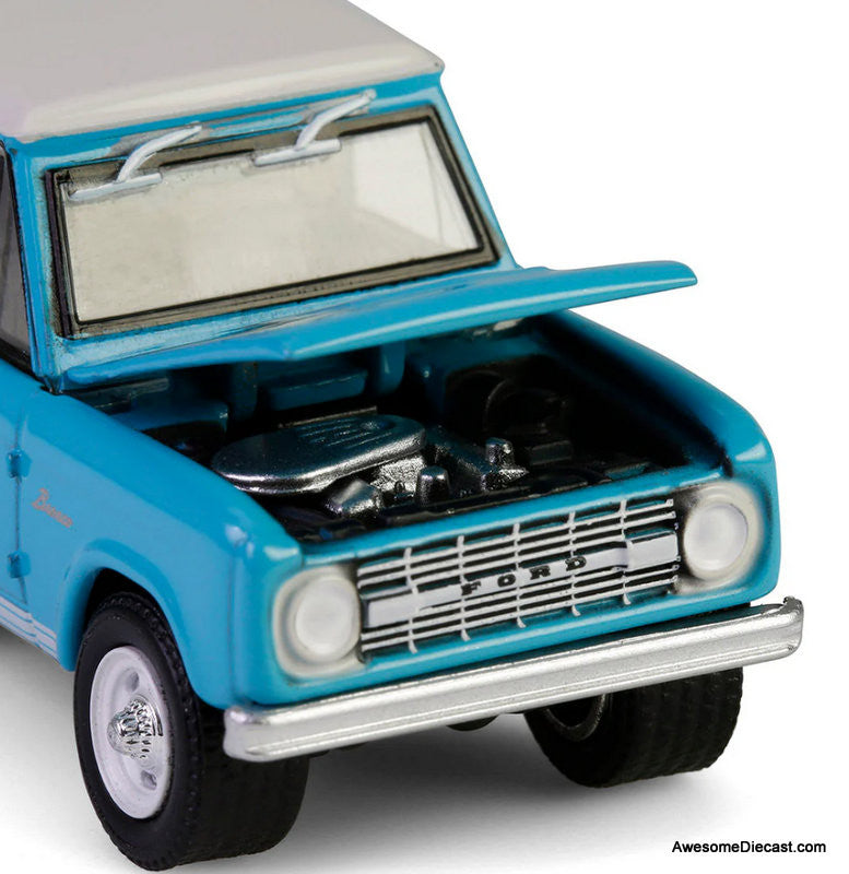1966 Ford Bronco Custom SUV, Turquoise Blue 1:64 Diecast Model Car by Greenlight