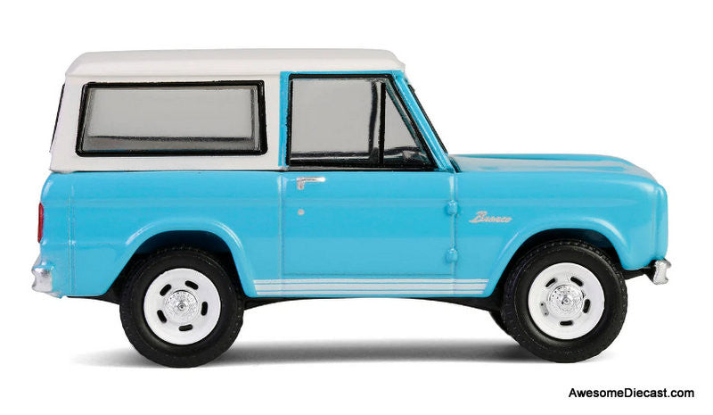 1966 Ford Bronco Custom SUV, Turquoise Blue 1:64 Diecast Model Car by Greenlight