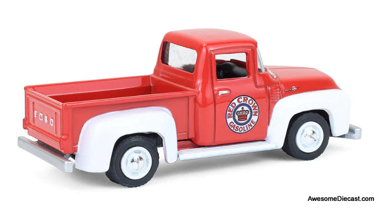 1954 Ford F-100 Pick-Up, Red/White: Red Crown Gasoline 1:64 Diecast Model Truck by Greenlight
