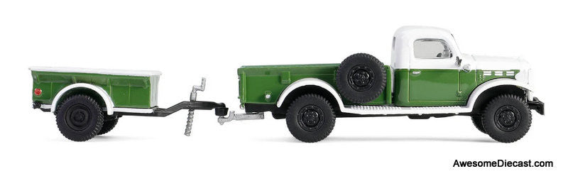 1950 Dodge Power Wagon w/ 1/4 Ton Cargo Trailer, Green & White 1:64 Diecast Model Truck by Greenlight