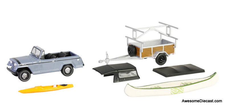 1968 Jeep Jeepster Commando SC-1 w/Canoe Trailer, Gray 1:64 Diecast Model Car by Greenlight
