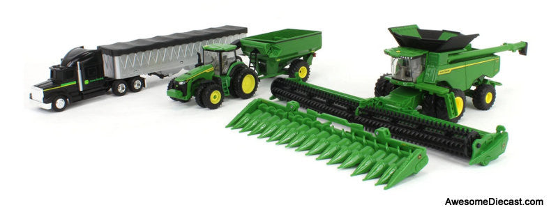 John Deere Harvesting Set w/8R 370 Tractor, Grain Cart, X9 1100 Combine & Grain Semi Tractor Trailer 1:64 Diecast Model Vehicles by ERTL
