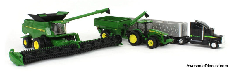 John Deere Harvesting Set w/8R 370 Tractor, Grain Cart, X9 1100 Combine & Grain Semi Tractor Trailer 1:64 Diecast Model Vehicles by ERTL