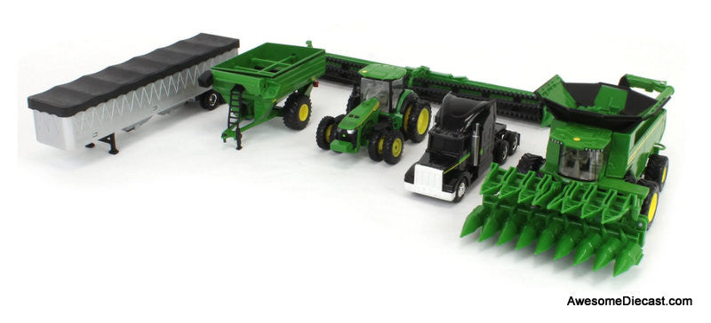 John Deere Harvesting Set w/8R 370 Tractor, Grain Cart, X9 1100 Combine & Grain Semi Tractor Trailer 1:64 Diecast Model Vehicles by ERTL