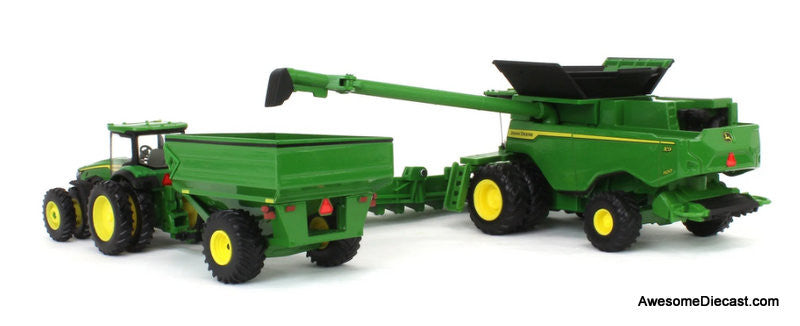 John Deere Harvesting Set w/8R 370 Tractor, Grain Cart, X9 1100 Combine & Grain Semi Tractor Trailer 1:64 Diecast Model Vehicles by ERTL