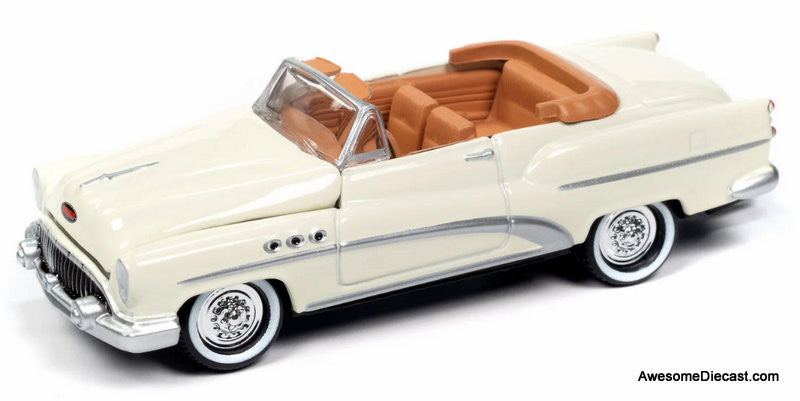 1953 Buick Super Convertible w/Camper Trailer, Majestic White 1:64 Diecast Model Car by Johnny Lightning