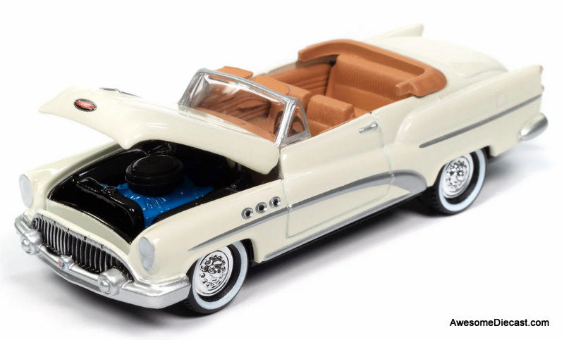 1953 Buick Super Convertible w/Camper Trailer, Majestic White 1:64 Diecast Model Car by Johnny Lightning