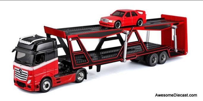 Mercedes Actros 1851 Sleeper Cab w/Car Transporter Trailer & Mercedes 190E 1:64 Diecast Model Truck by Maisto