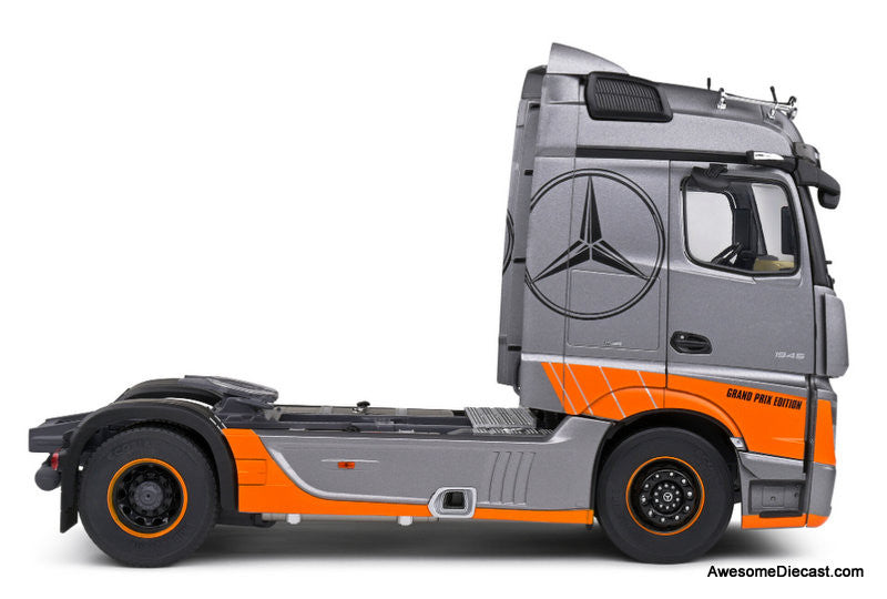 2019 Mercedes Benz Actros Tractor, Gray/Orange: Grand Prix Edition 1:24 Diecast Model Truck by Solido