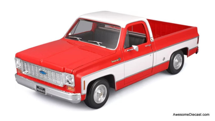 1974 Chevrolet C10 Cheyenne Super Pick-Up, Red/White 1:18 Diecast Model Truck by Maisto