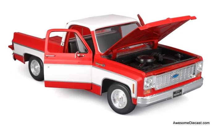 1974 Chevrolet C10 Cheyenne Super Pick-Up, Red/White 1:18 Diecast Model Truck by Maisto