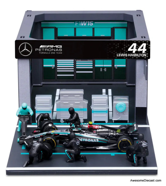 Mercedes-Benz AMG Petronas Diorama Set, #44 Lewis Hamilton 1:43 Diecast/ABS Plastic Model Set by Burago
