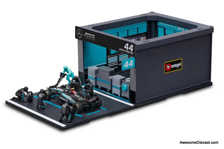 Mercedes-Benz AMG Petronas Diorama Set, #44 Lewis Hamilton 1:43 Diecast/ABS Plastic Model Set by Burago