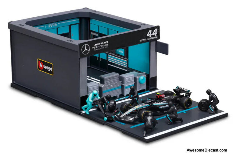 Mercedes-Benz AMG Petronas Diorama Set, #44 Lewis Hamilton 1:43 Diecast/ABS Plastic Model Set by Burago