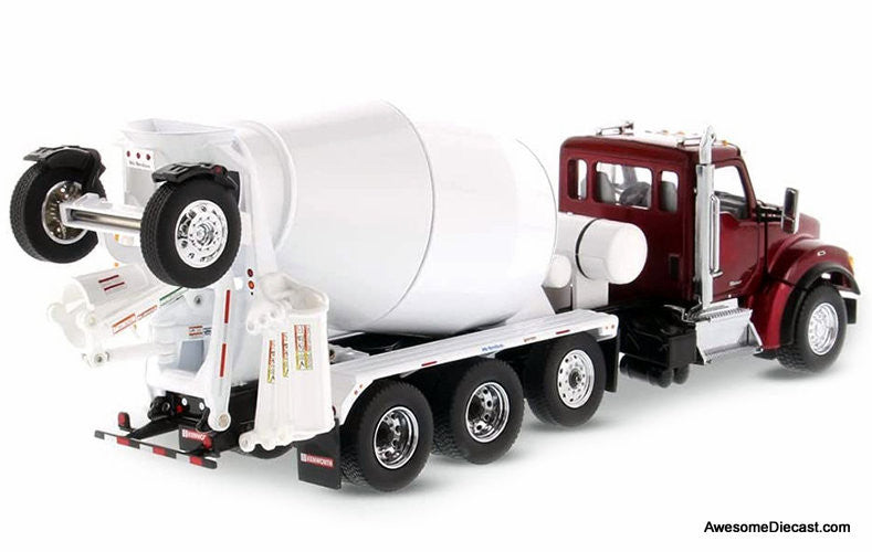 Kenworth T880 SFFA Tandem w/Lift Axle & McNeilus Bridgemaster Concrete Mixer, Radiant Red 1:50 Diecast Model Truck by Diecast Masters